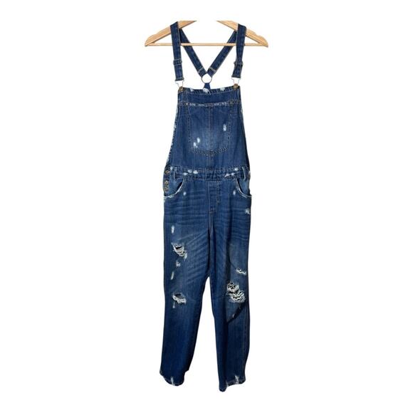 Zara Trafaluc Denimwear Overalls Size Medium Distressed Blue - Picture 2 of 8